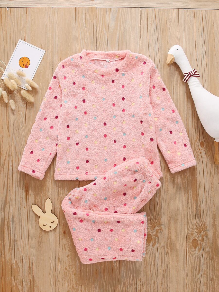 SHEIN Young Girl Polka Dot Flannel Sweatshirt & Pants - Coral Pink - View 1