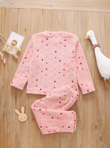 SHEIN Young Girl Polka Dot Flannel Sweatshirt & Pants - Coral Pink - View 2