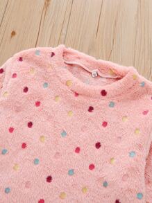 SHEIN Young Girl Polka Dot Flannel Sweatshirt & Pants - Coral Pink - View 4