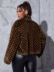 SHEIN Coolane Abrigo con patrón de cuadros de hombros caídos con cremallera - Multicolor - Ver 2