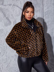 SHEIN Coolane Abrigo con patrón de cuadros de hombros caídos con cremallera - Multicolor - Ver 3