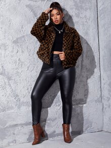 SHEIN Coolane Abrigo con patrón de cuadros de hombros caídos con cremallera - Multicolor - Ver 4