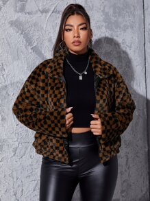 SHEIN Coolane Abrigo con patrón de cuadros de hombros caídos con cremallera - Multicolor - Ver 5