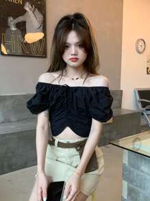 Solid Puff Sleeve Drawstring Top - Black - View 1