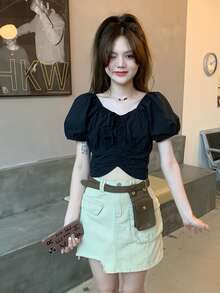 Solid Puff Sleeve Drawstring Top - Black - View 2