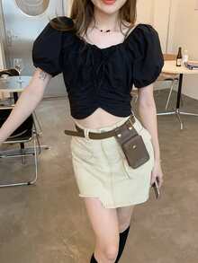 Solid Puff Sleeve Drawstring Top - Black - View 3