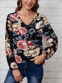 Blusa de cuello V con estampado floral - Multicolor - Ver 1