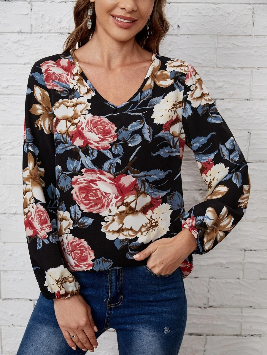 Blusa de cuello V con estampado floral - Multicolor - Ver 1