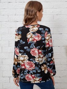 Blusa de cuello V con estampado floral - Multicolor - Ver 2