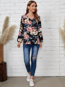 Blusa de cuello V con estampado floral - Multicolor - Ver 4