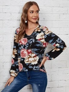 Blusa de cuello V con estampado floral - Multicolor - Ver 5