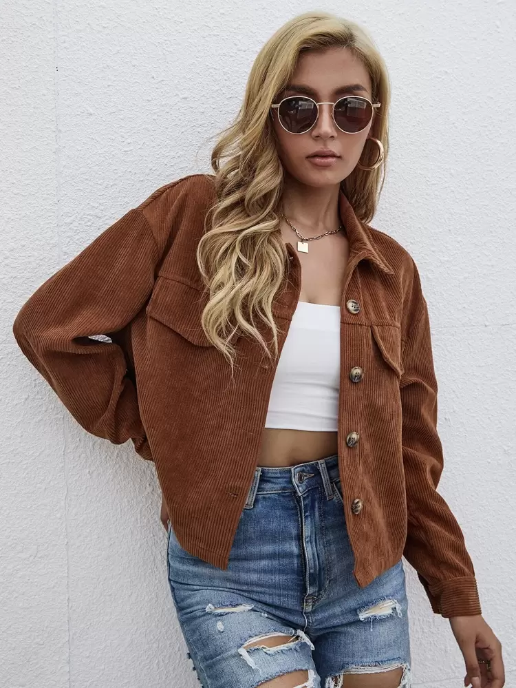 Solid Button Front Pocket Detail Jacket Fall Winter Cloth For Women