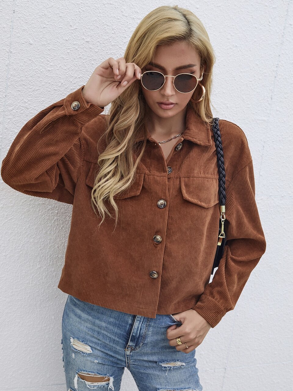 Solid Button Front Pocket Detail Jacket Fall Winter Cloth For Women