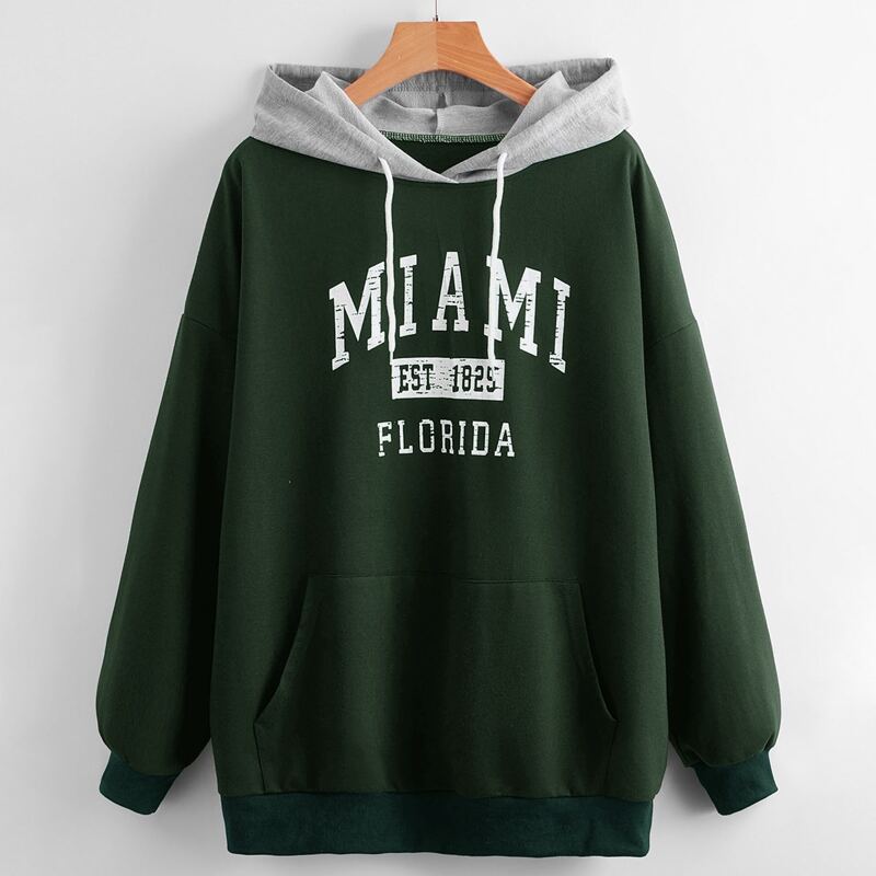 

Letter Graphic Colorblock Drawstring Kangaroo Pocket Hoodie, Dark green