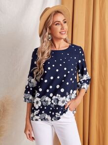 EMERY ROSE 波卡圓點和印花上衣 - 藏蓝色 - 查看 1