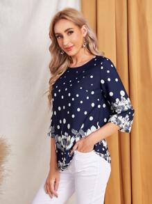 EMERY ROSE 波卡圓點和印花上衣 - 藏蓝色 - 查看 6