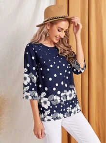 EMERY ROSE 波卡圓點和印花上衣 - 藏蓝色 - 查看 5