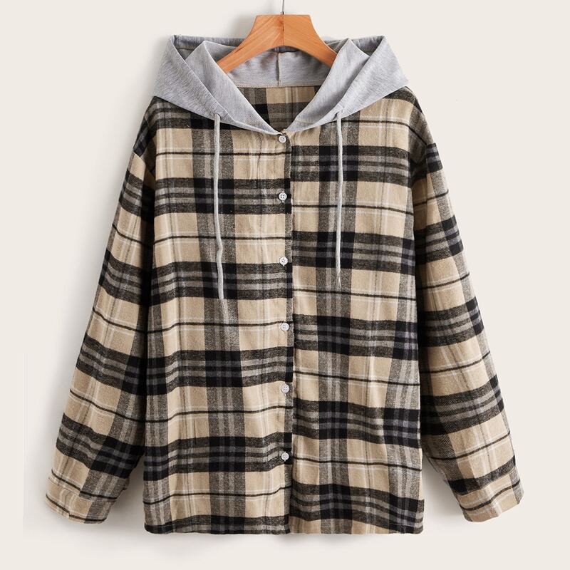 

Plaid Button Front Hooded Overshirt, Multicolor