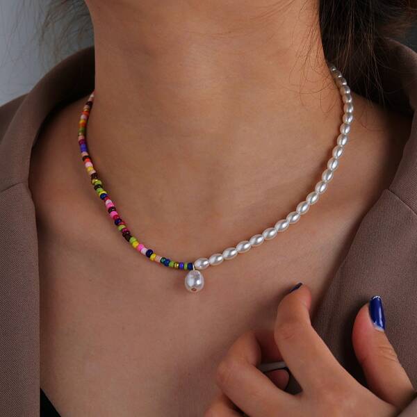 

Faux Pearl Beaded Necklace, Multicolor