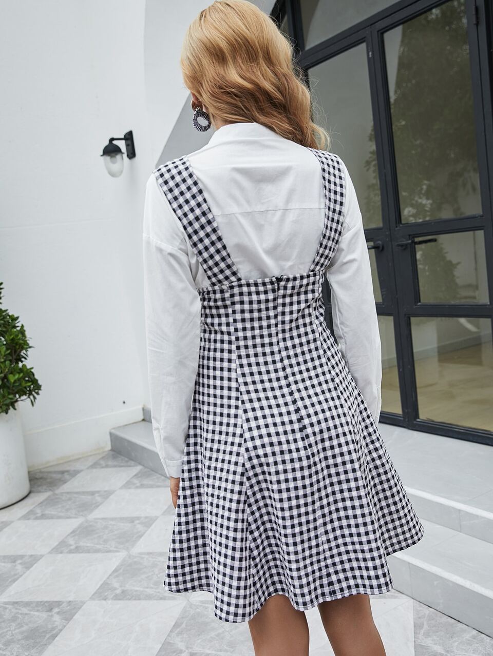 Gingham Print Button Detail Overall Dress Without Blouse