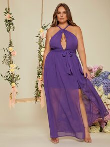 SHEIN Belle Plus Cut Out Slit Thigh Overlay Cami Dress - Purple - View 1