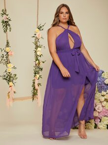 SHEIN Belle Plus Cut Out Slit Thigh Overlay Cami Dress - Purple - View 3