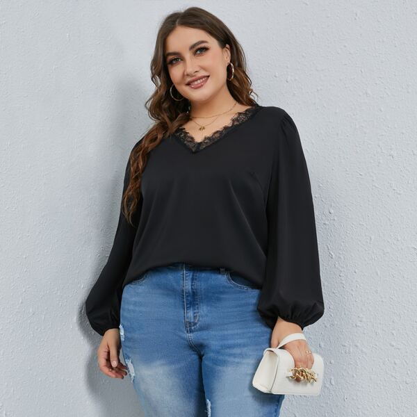 

Plus Contrast Lace V-neck Bishop Sleeve Blouse, Black