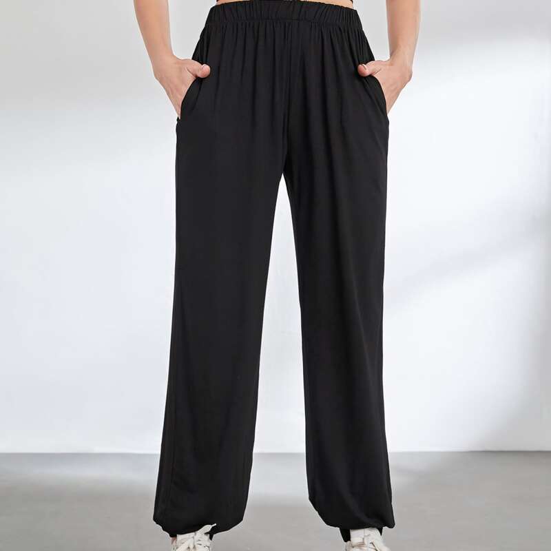 

High Waist Straight Leg Warming Sports Pants, Black