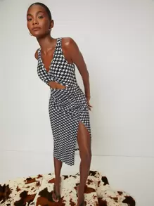 SHEIN 圍裹領開叉下擺千鳥格連衣裙 - 黑與白 - 查看 1