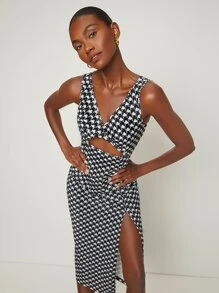 SHEIN 圍裹領開叉下擺千鳥格連衣裙 - 黑與白 - 查看 5