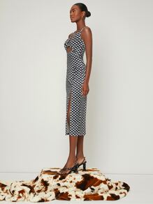 SHEIN 圍裹領開叉下擺千鳥格連衣裙 - 黑與白 - 查看 6