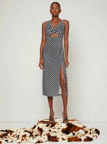 SHEIN 圍裹領開叉下擺千鳥格連衣裙 - 黑與白 - 查看 3