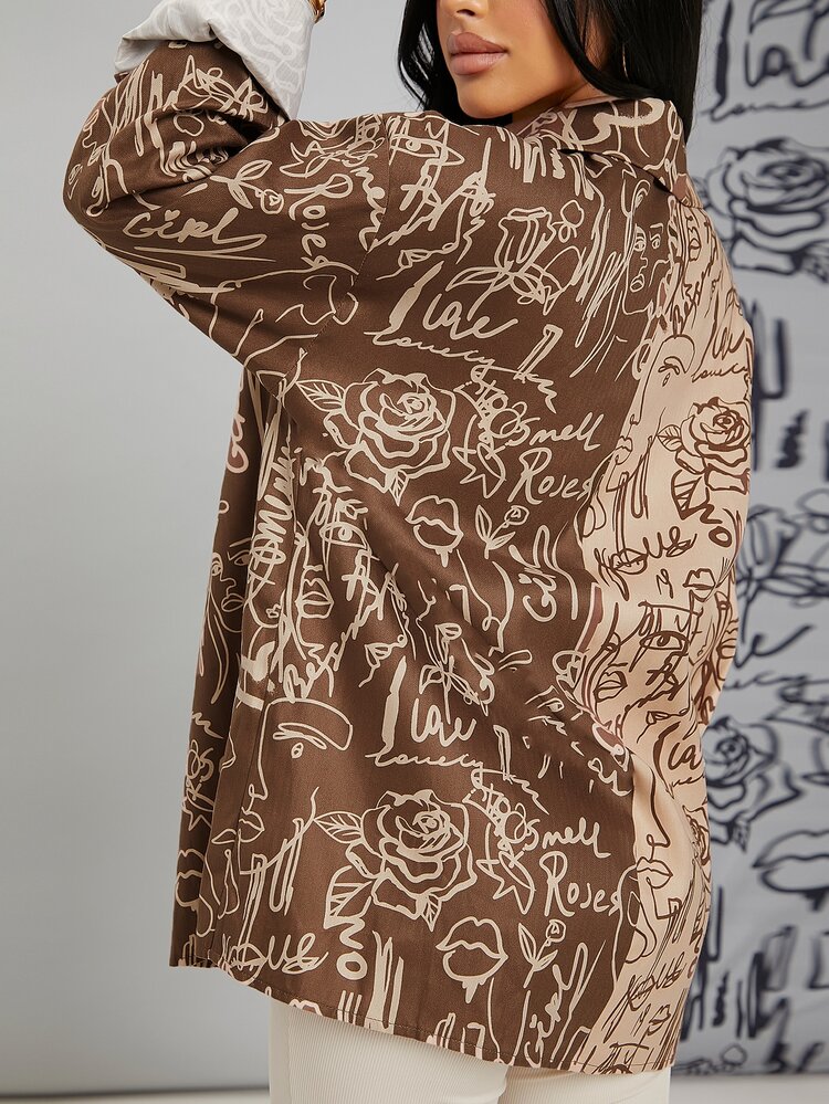 SHEIN SXY Floral & Letter Graphic Two Tone Blouse - Multicolor - View 2