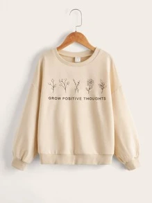 SHEIN Girls Floral & Slogan Graphic Drop Shoulder Pullover - Apricot - View 1