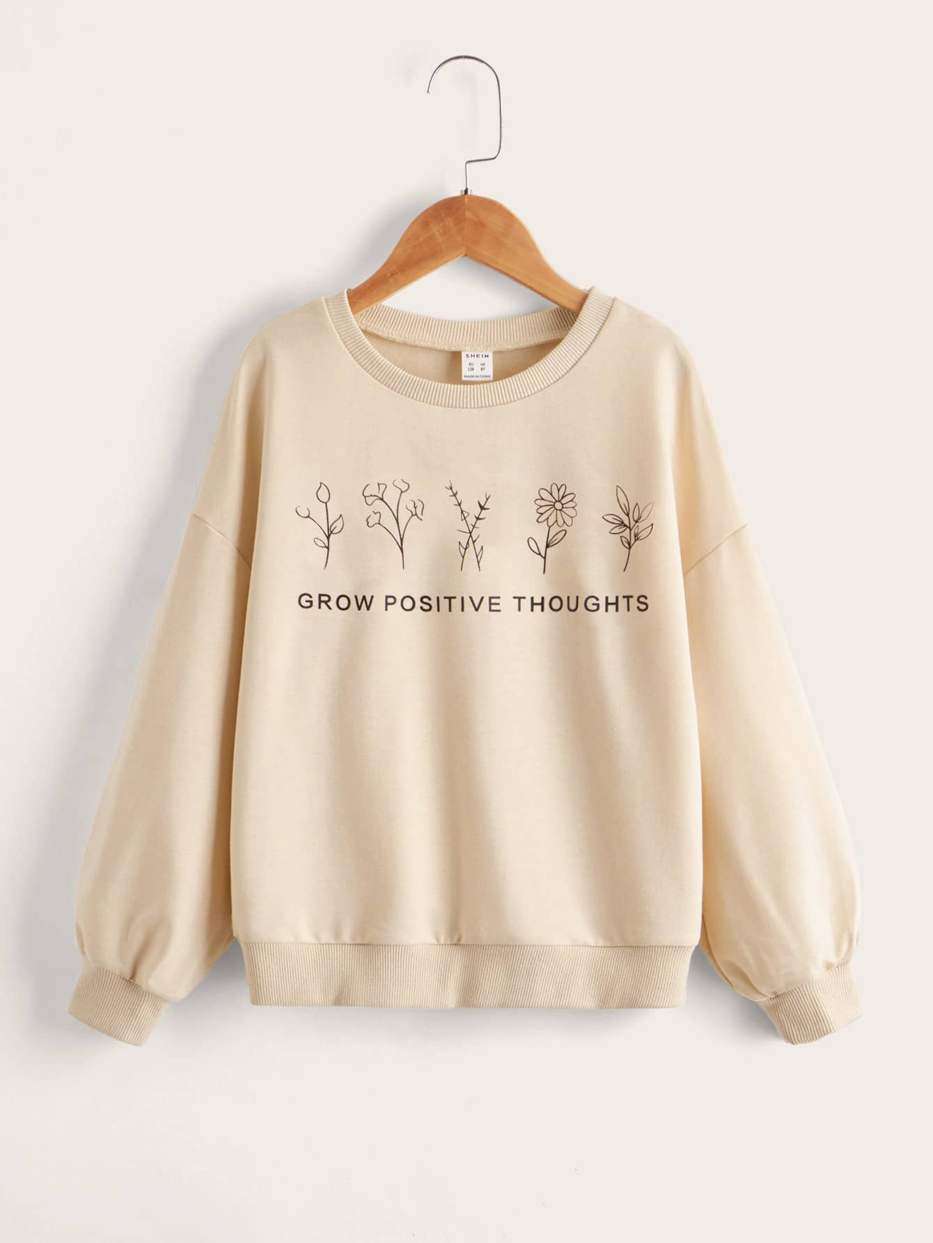 SHEIN Girls Floral & Slogan Graphic Drop Shoulder Pullover - Apricot - View 1