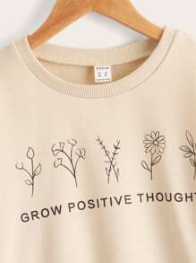 SHEIN Girls Floral & Slogan Graphic Drop Shoulder Pullover - Apricot - View 4