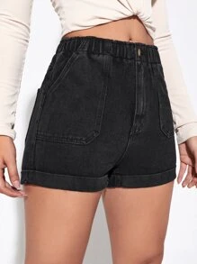 Elasticized High-Rise Denim Shorts - Black - View 1