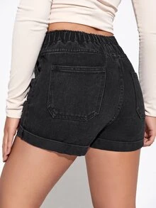 Elasticized High-Rise Denim Shorts - Black - View 2