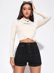 Elasticized High-Rise Denim Shorts - Black - View 3