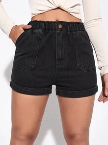 Elasticized High-Rise Denim Shorts - Black - View 4