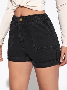 Elasticized High-Rise Denim Shorts - Black - View 5