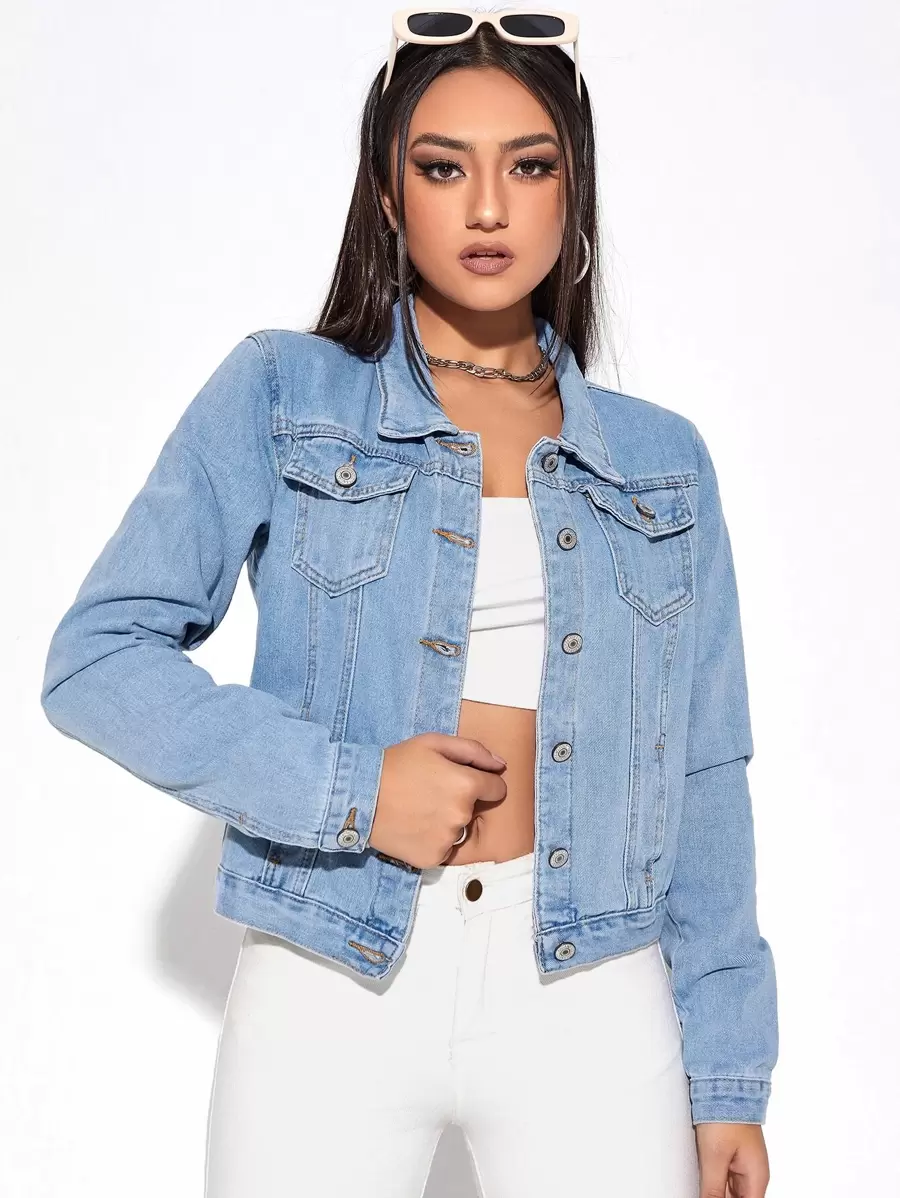 Cazadora mezclilla unicolor con bolsillo con solapa con botón - Lavado ligero - Ver 1