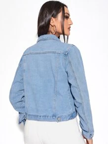 Cazadora mezclilla unicolor con bolsillo con solapa con botón - Lavado ligero - Ver 2