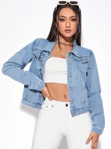 Cazadora mezclilla unicolor con bolsillo con solapa con botón - Lavado ligero - Ver 3