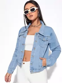 Cazadora mezclilla unicolor con bolsillo con solapa con botón - Lavado ligero - Ver 4