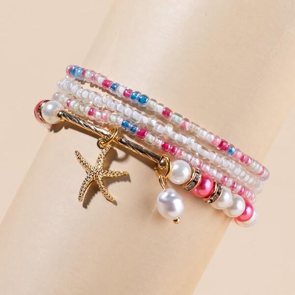 

4pcs Starfish Charm Beaded Bracelet, Pink