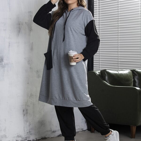

Plus Two Tone Pocket Patched Drawstring Longline Hoodie & Sweatpants, Multicolor