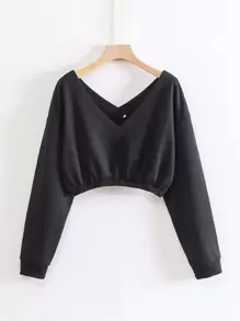 SHEIN EZwear Solid V-Neck Sweatshirt - Black - View 1