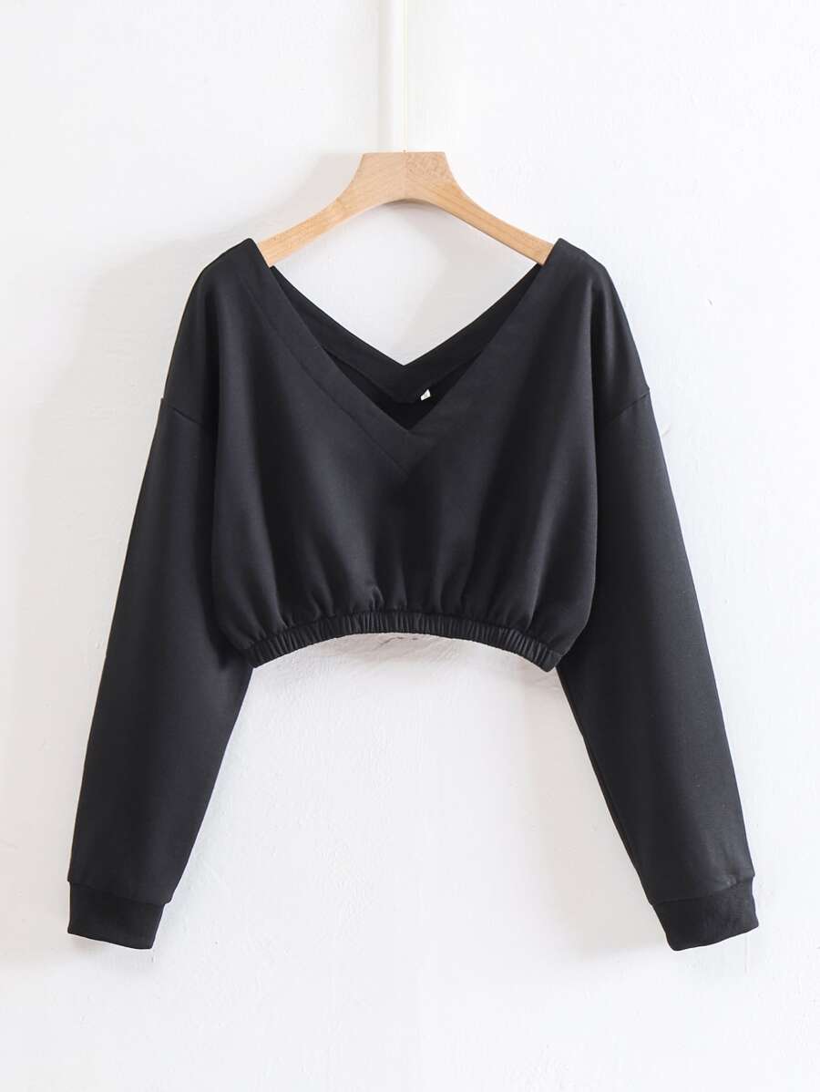 SHEIN EZwear Solid V-Neck Sweatshirt - Black - View 1