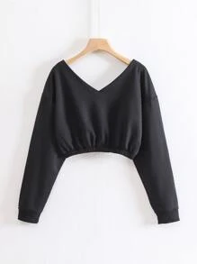 SHEIN EZwear Solid V-Neck Sweatshirt - Black - View 2